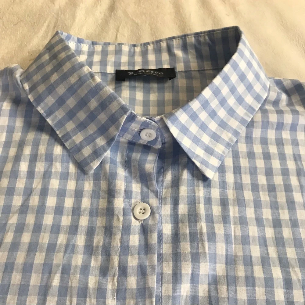 E. Retro Button Down High Low Blouse Women’s Size XXL Blue / White Long Sleeve - Picture 14 of 14